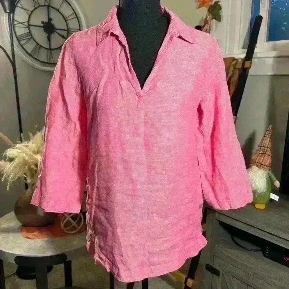 Tahari 100% Linen Women's Collared 3/4 Tops G09 - Picture 1 of 6